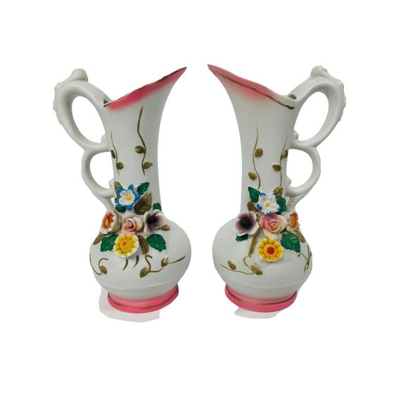 Vintage Interpur R.O.C. 3D Ceramic Victorian Applied Flower Vase Pitcher Set - Picture 1 of 12